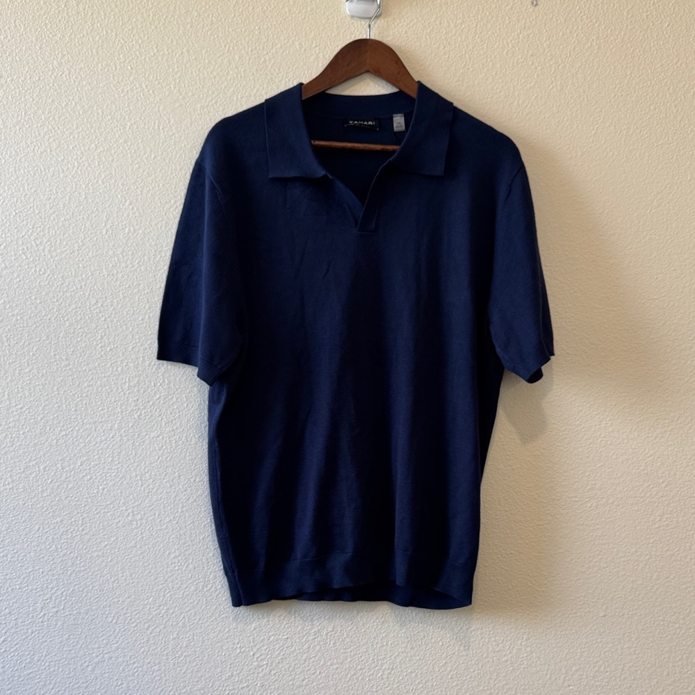 Tahari Navy Open-Collar Short Sleeve Polo